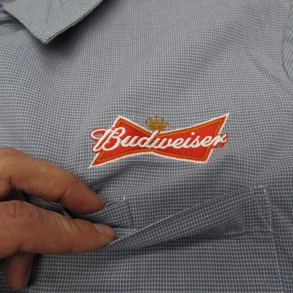 Budweiser Shirt Men XL Riverside Blue Reflective Stripes Button Up Logo Employee - Picture 8 of 14